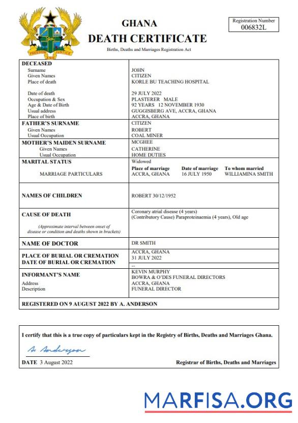 Downloadable Ghana vital record death certificate Word and PDF template